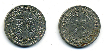 Германия 50 рейхспфеннигов 1928 A KM 49, J.324 никель 58-453