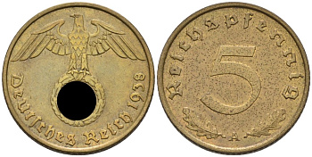 Германия 5 рейхспфеннигов 1938 A KM 91, J. 363 алюминиевая бронза 4567-1043