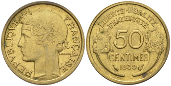 ФРАНЦИЯ 50 САНТИМОВ 1939 ТИП MORLON KM 894.1, LE FRANC 192.15 алюминиевая бронза 44-832