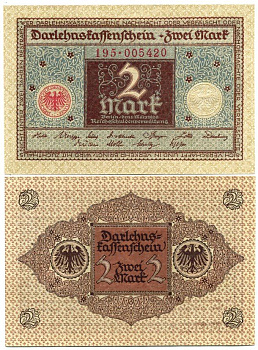 ГЕРМАНИЯ 2 МАРКИ 1920 1 МАРТА 1920, ВЕЙМАРСКАЯ РЕСПУБЛИКА, КОРИЧНЕВАЯ, СЕРИЯ 195 Pick 60, Rosenberg 65a бумага UNC (ПРЕСС) 7547-77-1