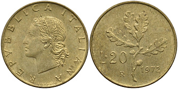 Италия 20 лир 1972 R, дубовая ветвь KM 97.2 алюминиевая бронза 4171-911