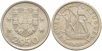 ПОРТУГАЛИЯ 2,5 ЭСКУДО 1981 ПАРУСНИК KM 590 медно-никель UNC 3718-325
