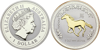 Австралия 1 доллар 2002 восточный календарь, год лошади, позолота серебро PROOF 11-073-35