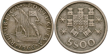 Португалия 5 эскудо 1966 парусник KM 591 медно-никель 4156-536