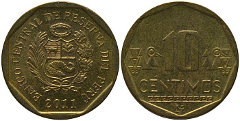 Перу 10 сентимо 2011 LIMA KM 305.4, Schon 104 латунь 4543-933