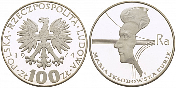 Польша 100 злотых 1974 MW, 40 лет со дня смерти Марии Склодовской-Кюри (1867-1934) KM 71, Parchimowicz 270 серебро PROOF 11-271-45