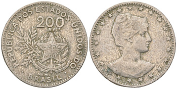 Бразилия 200 реалов 1901 MCMI, голова свободы вправо KM 504 медно-никель 4612-247