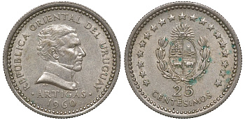 Уругвай 25 сентесимо 1960 KM 40 медно-никель 4169-833