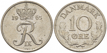 Дания 10 эре 1965 C;S, Фредерик IX (1947-1972) КМ 849.1 медно-никель 3309-151