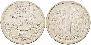 ФИНЛЯНДИЯ 1 МАРКА 1974 S KM 49а медно-никель 3718-1224