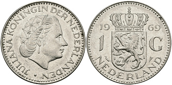 Нидерланды 1 гульден 1969 Юлиана (1948-1980) KM 184a никель 94-621