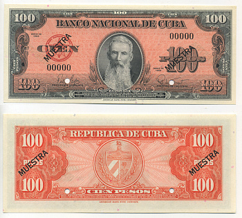 КУБА 100 ПЕСО 1959 ДВЕ ДИАГОНАЛЬНЫЕ ЧЕРНЫЕ НАДПЕЧАТКИ MUESTRA, ПРОСЕЧКИ, НОМЕР 00000 Pick 93s1 бумага UNC (ПРЕСС) 451-362-1
