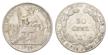 Французский Индокитай 20 сантимов 1914 KM 10 серебро 1521-913
