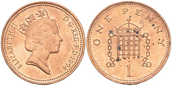 Великобритания 1 пенни 1994 Елизавета II (1952-2022) KM 935a, Spink 4391 (B4) сталь плакированная медью 27-825
