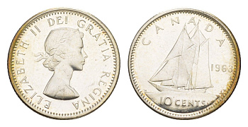 Канада 10 центов 1963 Елизавета II (1952-2022), парусник KM 51 серебро UNC 4630-1231
