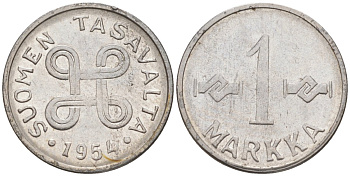Финляндия 1 марка 1954 KM 36а железо плакированное никелем 187-444