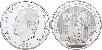Испания 10 евро 2002 Председательство Испании в Евросоюзе, карта KM 1048 серебро PROOF 1077-9-13