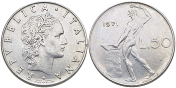 ИТАЛИЯ 50 ЛИР 1971 R, БОГ ОГНЯ ВУЛКАН У НАКОВАЛЬНИ KM 95.1 нержавеющая сталь 34-645