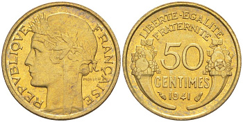 ФРАНЦИЯ 50 САНТИМОВ 1941 ТИП MORLON KM 894.1, LE FRANC 192.18 алюминиевая бронза 44-549