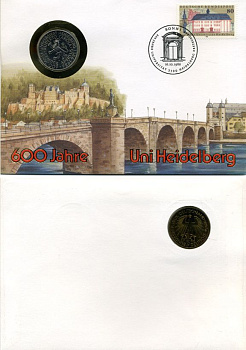 ФРГ 5 МАРОК 1986 D, 600 ЛЕТ УНИВЕРСИТЕТУ ГЕЙДЕЛЬБЕРГА, В КОНВЕРТЕ С МАРКОЙ KM 164, J. 439 медно-никель плакированный никелем плакированный никелем UNC 966-4