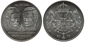Швеция 50 крон 1976 U, королевская свадьба Карла XVI и королевы Сильвии KM 854 серебро UNC 4552-734