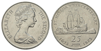 Остров Святой Елены 25 пенсов 1973 300 лет восстановлению британского владения островом KM 5 медно-никель BU 11-315-43