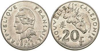 Французская Новая Каледония 20 франков 2004 три быка, (IEOM) KM 12, Schoen 14, Lec 115h никель 81-815