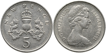Великобритания 5 пенсов 1970 Елизавета II (1952-2022) KM 911, Spink 4233 (D1) медно-никель 65-947