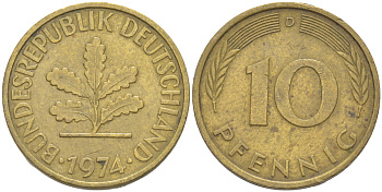 ФРГ 10 ПФЕННИГОВ 1974 D KM 108, J. 383 сталь плакированная латунью 4182-836