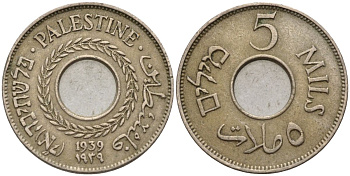 Израиль, Палестина 5 милсов 1939 британская администрация (1927-1948) KM 3 медно-никель    4154-414