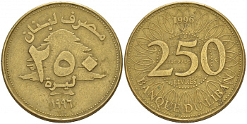 Ливан 250 ливров 1996 кедровое дерево KM 36 латунь 4548-633