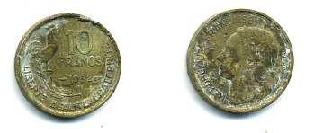 Франция 10 франков 1952 петух KM 915.1, Le Franc 363.4 алюминиевая бронза 23-1052
