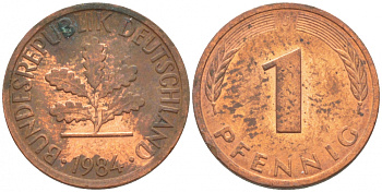 ФРГ 1 ПФЕННИГ 1984 J KM 105, J.380 сталь плакированная медью 4396-1535