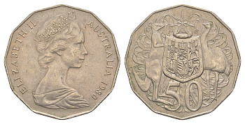 Австралия 50 центов 1980 Елизавета II (1952-2022), герб Австралии, кенгуру KM 68 медно-никель 4383-844