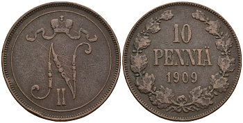 Россия для Финляндии 10 пенни 1909 Николай II (1894-1917) Биткин 432 медь 221-343