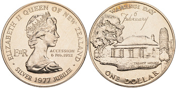Новая Зеландия 1 доллар 1977 день Вайтанги 6 февраля, дом Джеймса Басби, Елизавета II (1952-2022) KM 46 медно-никель UNC 4552-1132