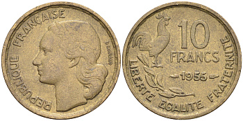 ФРАНЦИЯ 10 ФРАНКОВ 1955 KM 915.1 алюминиевая бронза 4589-712