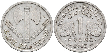 Франция 1 франк 1943 правительство Виши, тип Legere KM 902.1, Le Franc 223.3 алюминий 4116-1224