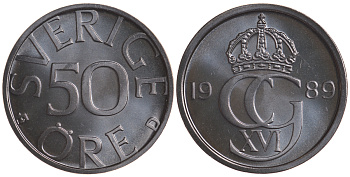 Швеция 50 эре 1989 D Карл XVI Густав (1973- ) KM 855 медно-никель PROOFLIKE 4382-1213