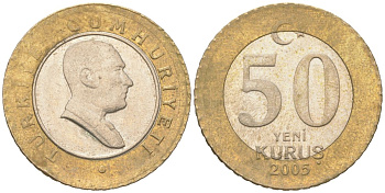 Турция 50 курушей 2005 Кемаль Ататюрк KM 1168 биметалл 4364-117