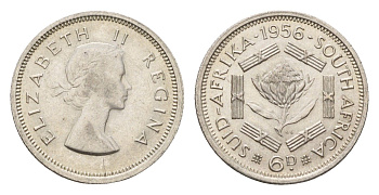 ЮАР 6 пенсов 1956 Елизавета II (1952-2022) KM 48 серебро 220-1154