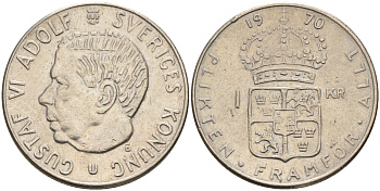 Швеция 1 крона 1970 U, Густав VI Адольф (1950-1973) KM 826а медь плакированная медно-никелем 4161-636