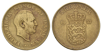 Дания 2 кроны 1957 C, Фредерик IX (1947-1972) KM 838 алюминиевая бронза 4653-833