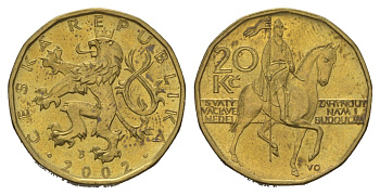 Чехия 20 крон 2002 чешский лев, герцог Вацлав на коне KM 5 сталь плакированная латунью aUNC 4622-424