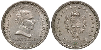 Уругвай 25 сентесимо 1960 KM 40 медно-никель 4169-921
