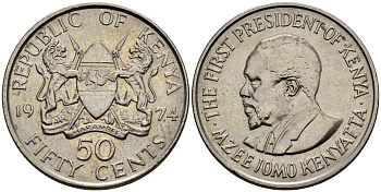 Кения 50 центов 1974 Джомо Кениата KM 13 медно-никель 4511-1127