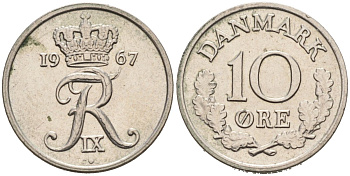 Дания 10 эре 1967 C; S, Фредерик IX (1947-1972) KM 849.1 медно-никель 4567-941