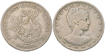 Бразилия 200 реалов 1901 MCMI, голова свободы вправо KM 504 медно-никель 4612-146