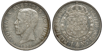 Швеция 1 крона 1918 W, Густав V (1907-1950) KM 786.1 серебро 4178-557