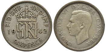 Великобритания 6 пенсов 1942 Георг VI (1936-1952) KM 852, Spink 4084 серебро 4538-455